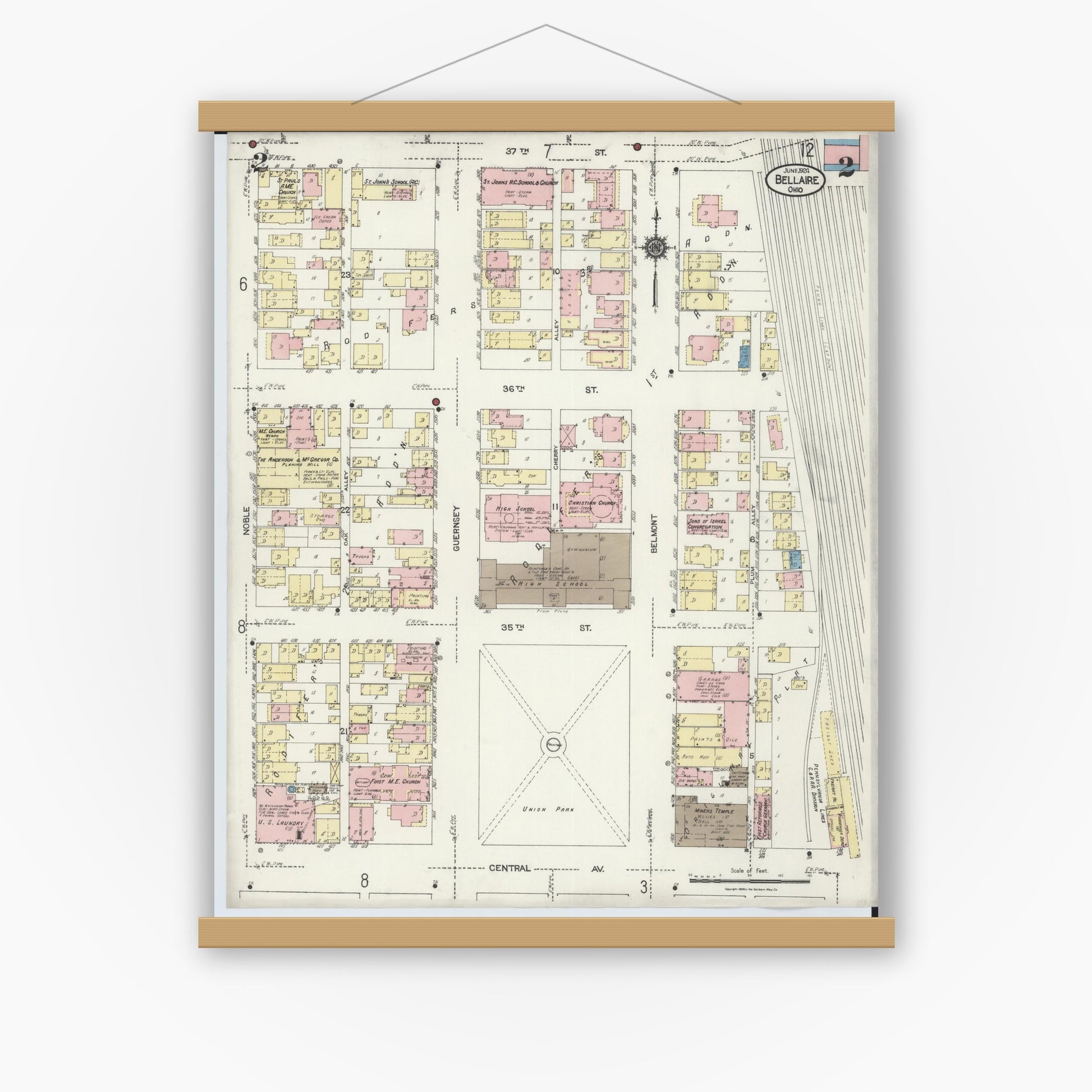 Old map wall art mockup — magnetic wood frame on white wall — Sanborn Fire Insurance Map from Bellaire, Belmont County, Ohio (1924), Sheet #0002
