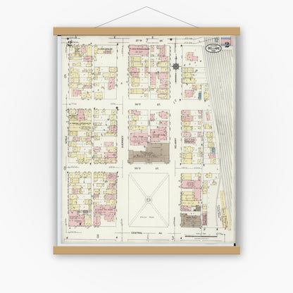 Old map wall art mockup — magnetic wood frame on white wall — Sanborn Fire Insurance Map from Bellaire, Belmont County, Ohio (1924), Sheet #0002