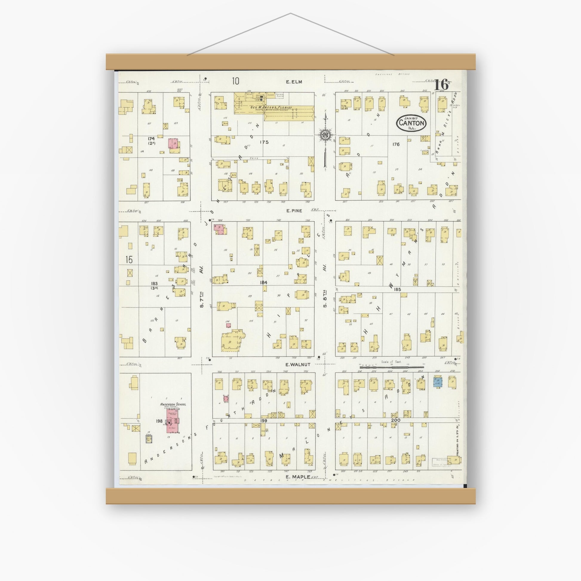 Old map wall art mockup — magnetic wood frame on white wall — Sanborn Fire Insurance Map from Canton, Fulton County, Illinois (1917), Sheet #0016