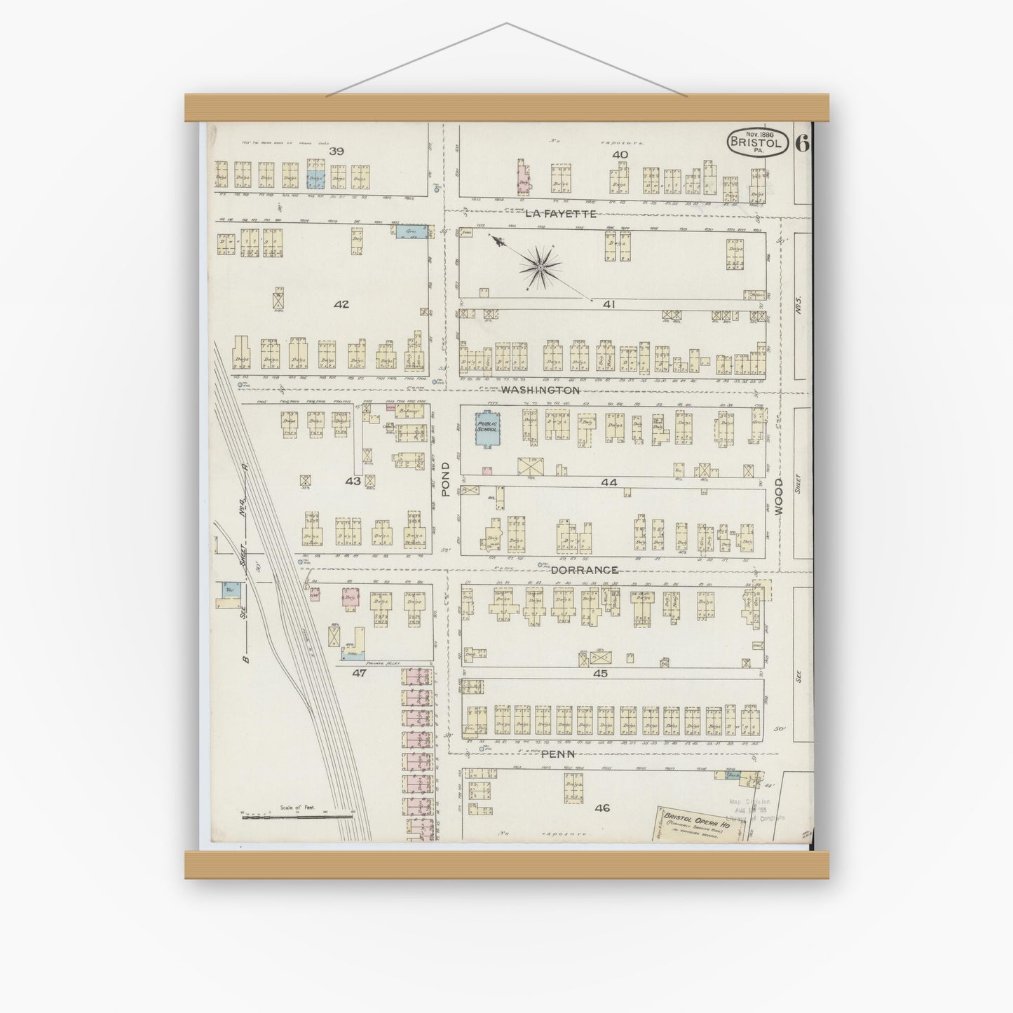 Old map wall art mockup — magnetic wood frame on white wall — Sanborn Fire Insurance Map from Bristol, Bucks County, Pennsylvania (1886), Sheet #0006