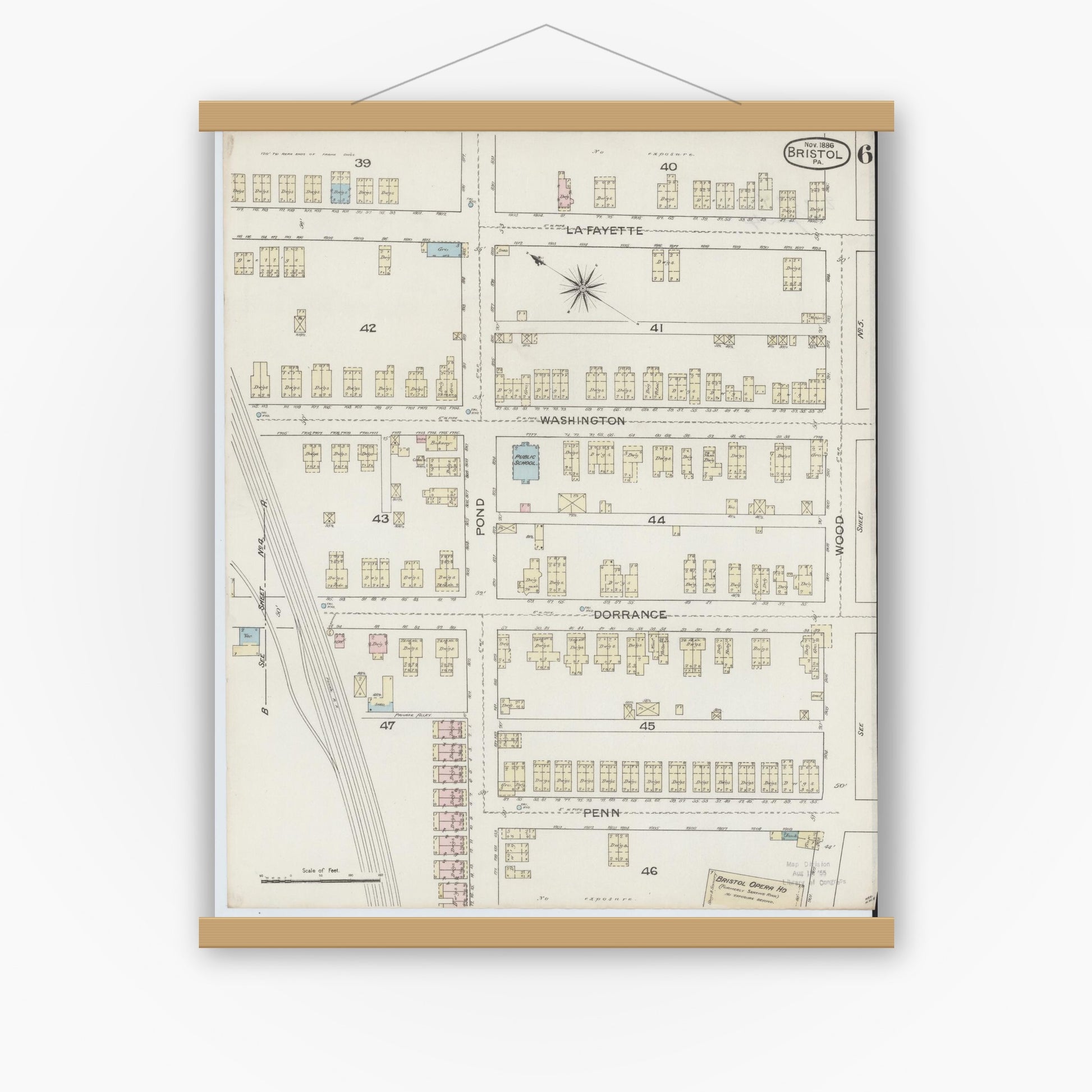 Old map wall art mockup — magnetic wood frame on white wall — Sanborn Fire Insurance Map from Bristol, Bucks County, Pennsylvania (1886), Sheet #0006