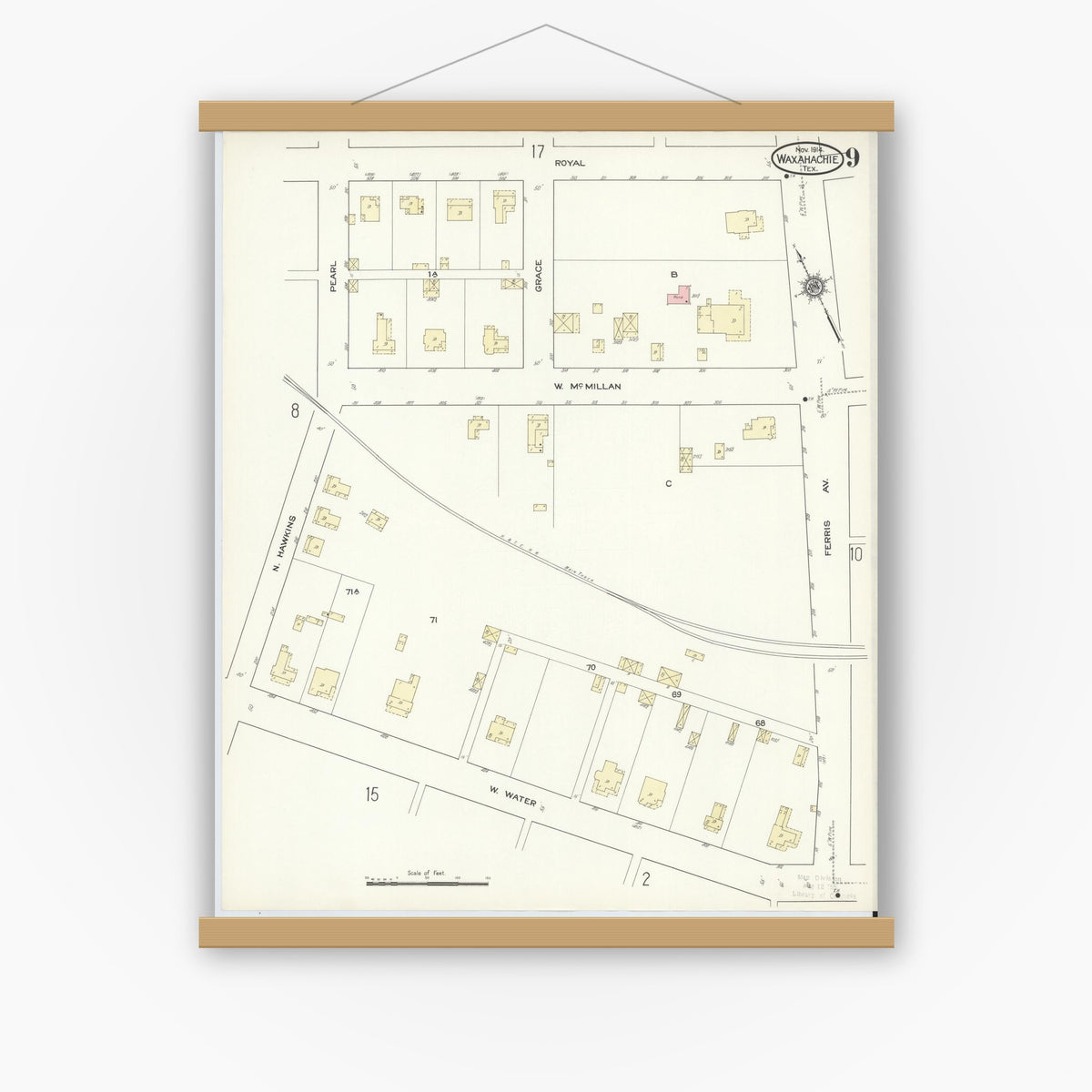 Old map wall art mockup — magnetic wood frame on white wall — Sanborn Fire Insurance Map from Waxahachie, Ellis County, Texas (1914), Sheet #0009