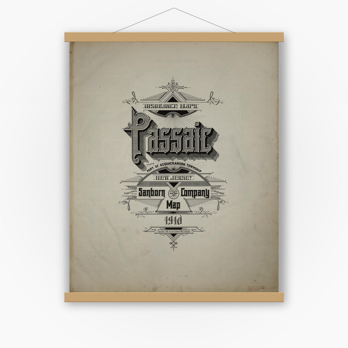 Old map wall art mockup — magnetic wood frame on white wall — Sanborn Fire Insurance Map from Passaic, Passaic County, New Jersey (1910), Sheet #0001