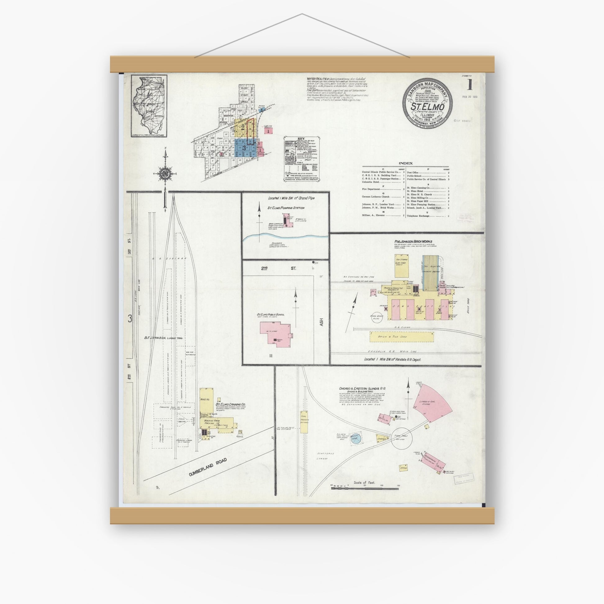 Old map wall art mockup — magnetic wood frame on white wall — Sanborn Fire Insurance Map from Saint Elmo, Fayette County, Illinois (1912) - Complete Map Set