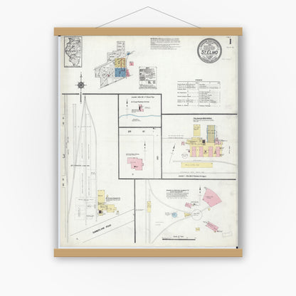 Old map wall art mockup — magnetic wood frame on white wall — Sanborn Fire Insurance Map from Saint Elmo, Fayette County, Illinois (1912) - Complete Map Set