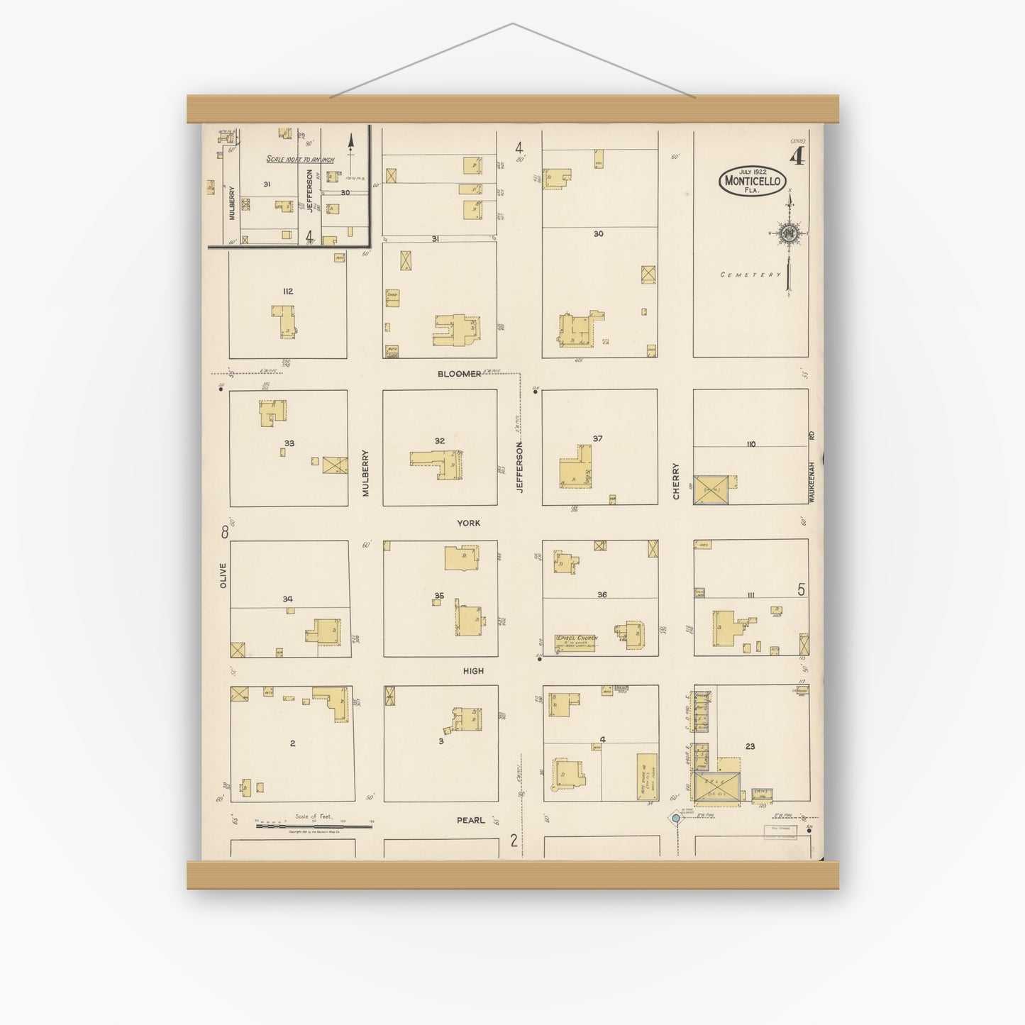 Old map wall art mockup — magnetic wood frame on white wall — Sanborn Fire Insurance Map from Monticello, Jefferson County, Florida (1922), Sheet #0004