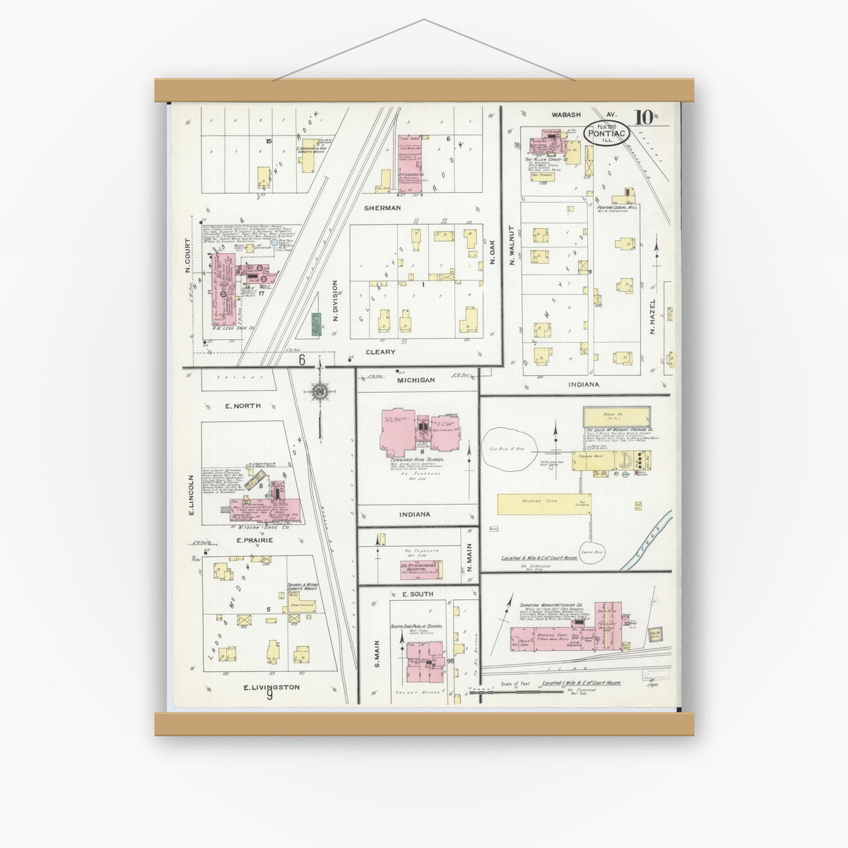 Old map wall art mockup — magnetic wood frame on white wall — Sanborn Fire Insurance Map from Pontiac, Livingston County, Illinois (1910), Sheet #0010