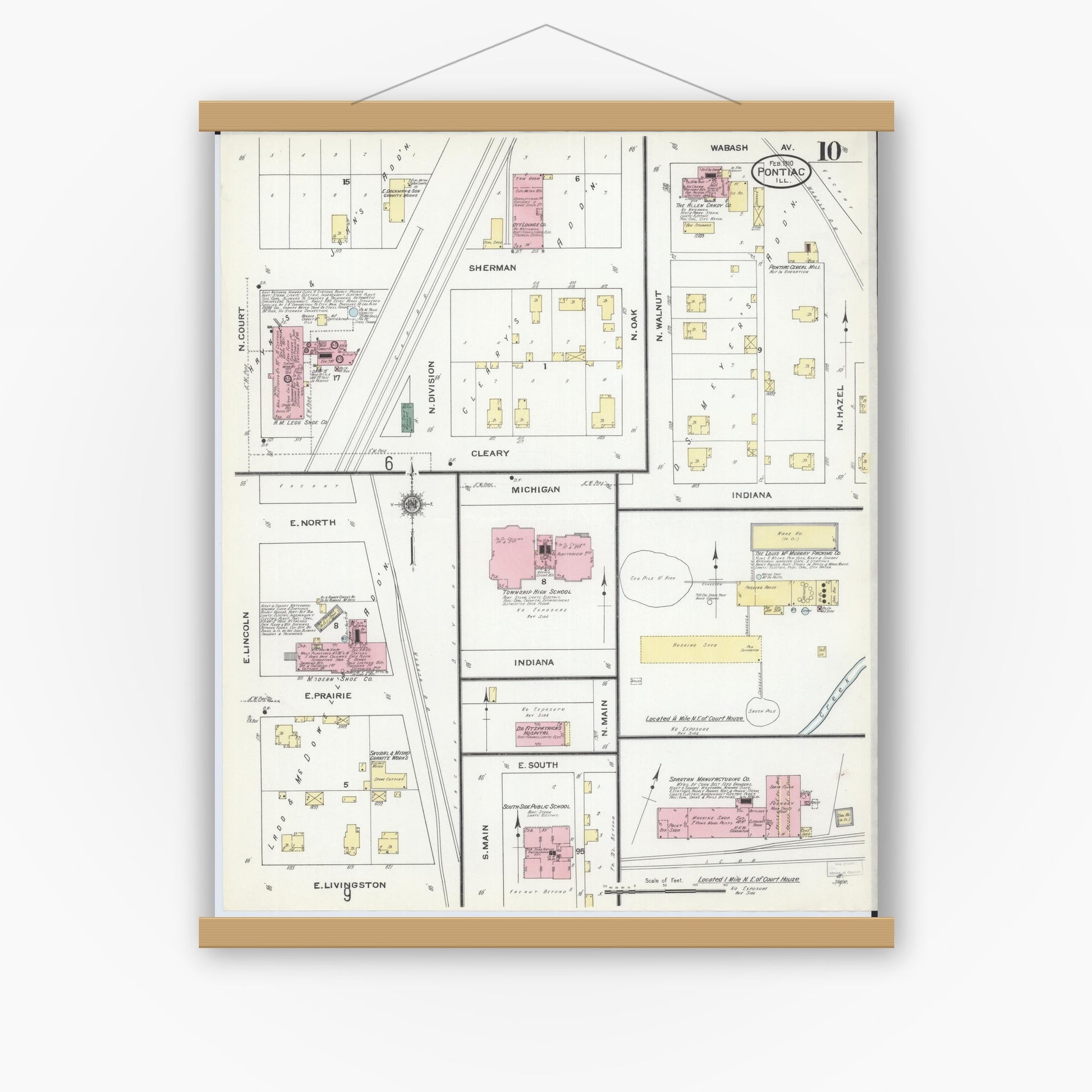 Old map wall art mockup — magnetic wood frame on white wall — Sanborn Fire Insurance Map from Pontiac, Livingston County, Illinois (1910), Sheet #0010