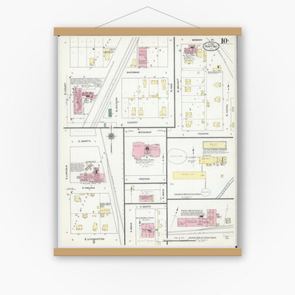 Old map wall art mockup — magnetic wood frame on white wall — Sanborn Fire Insurance Map from Pontiac, Livingston County, Illinois (1910), Sheet #0010