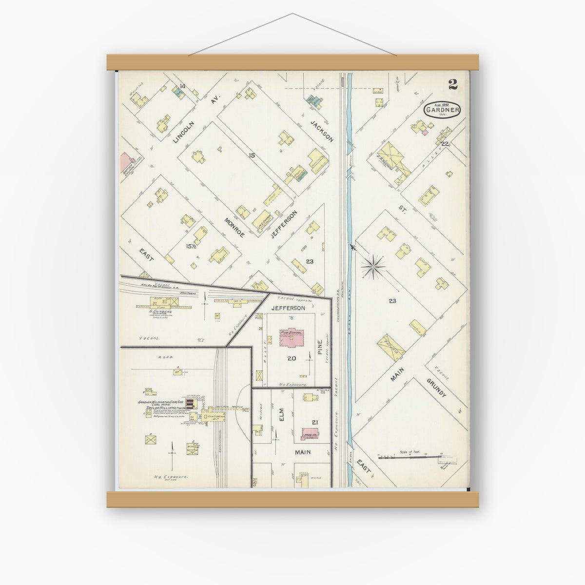Old map wall art mockup — magnetic wood frame on white wall — Sanborn Fire Insurance Map from Gardner, Grundy County, Illinois (1892), Sheet #0002