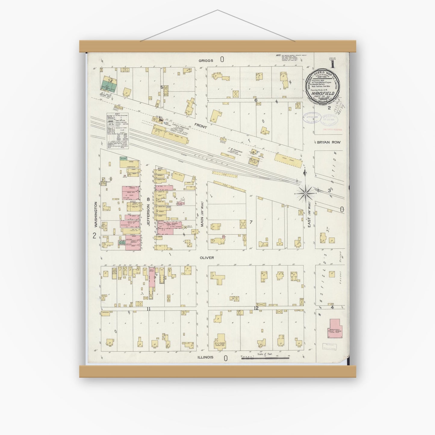 Old map wall art mockup — magnetic wood frame on white wall — Sanborn Fire Insurance Map from Mansfield, Piatt County, Illinois (1898) - Complete Map Set