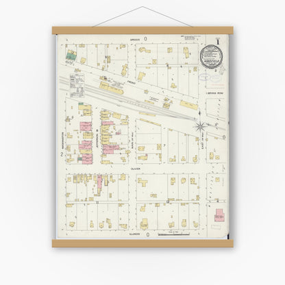 Old map wall art mockup — magnetic wood frame on white wall — Sanborn Fire Insurance Map from Mansfield, Piatt County, Illinois (1898) - Complete Map Set