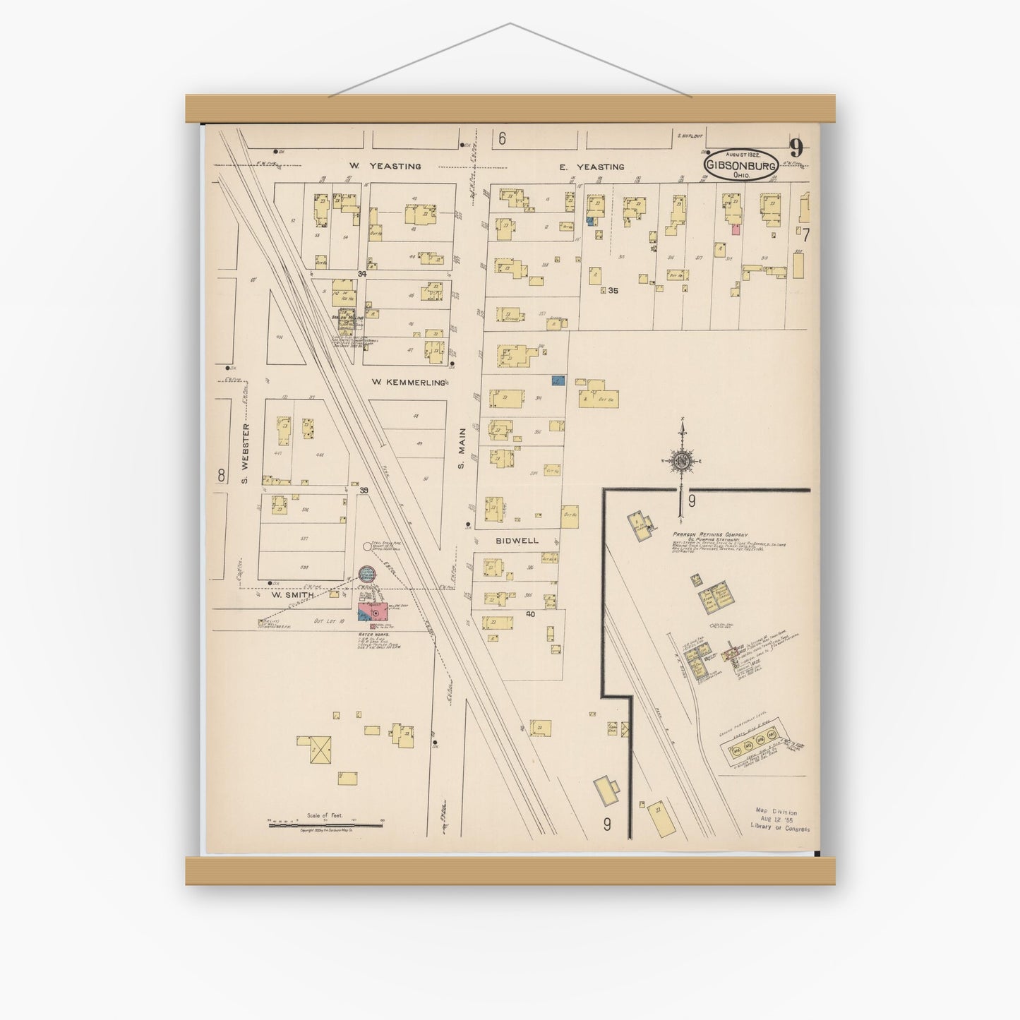 Old map wall art mockup — magnetic wood frame on white wall — Sanborn Fire Insurance Map from Gibsonburg, Sandusky County, Ohio (1922), Sheet #0009