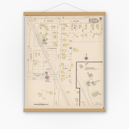Old map wall art mockup — magnetic wood frame on white wall — Sanborn Fire Insurance Map from Gibsonburg, Sandusky County, Ohio (1922), Sheet #0009