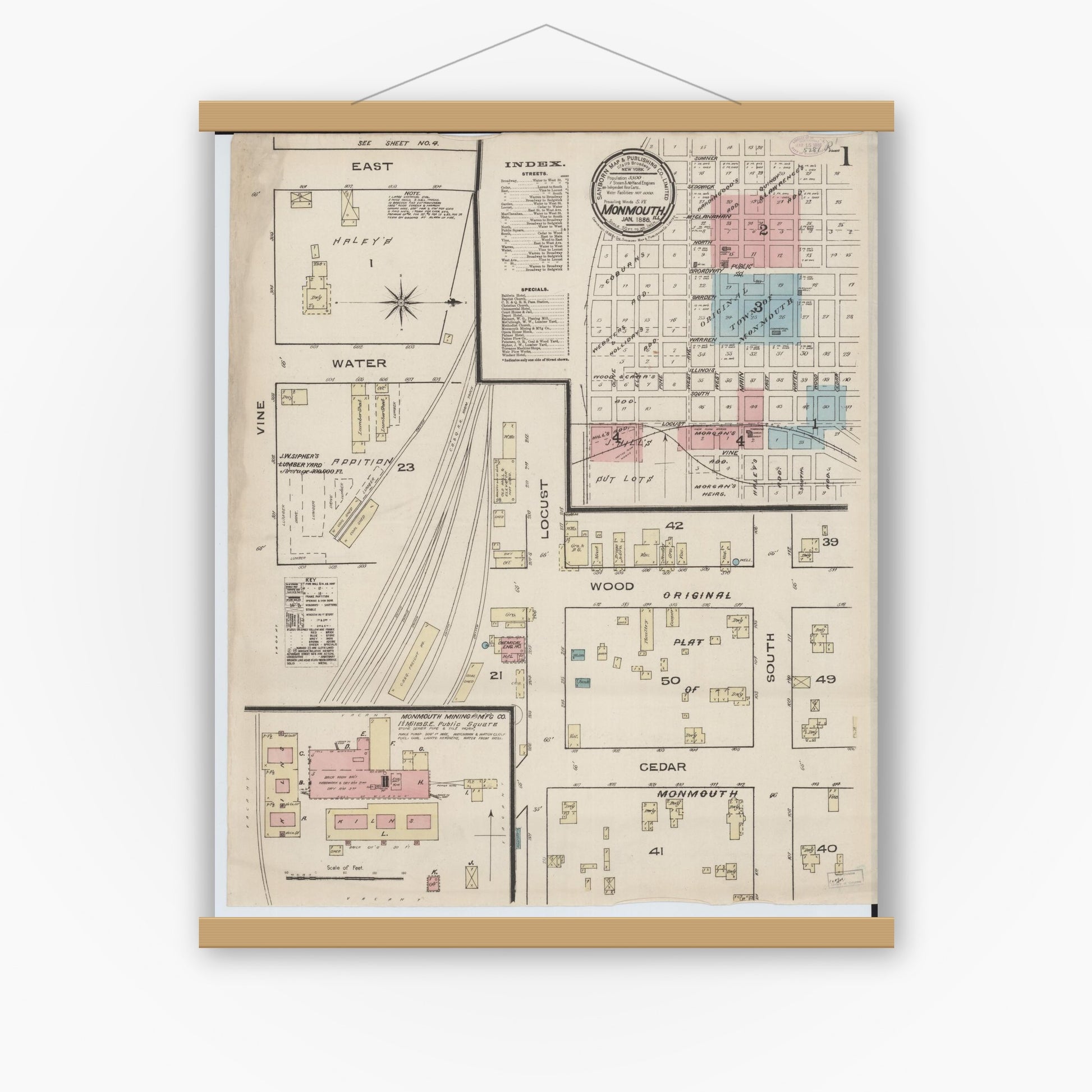 Old map wall art mockup — magnetic wood frame on white wall — Sanborn Fire Insurance Map from Monmouth, Warren County, Illinois (1886), Sheet #0001