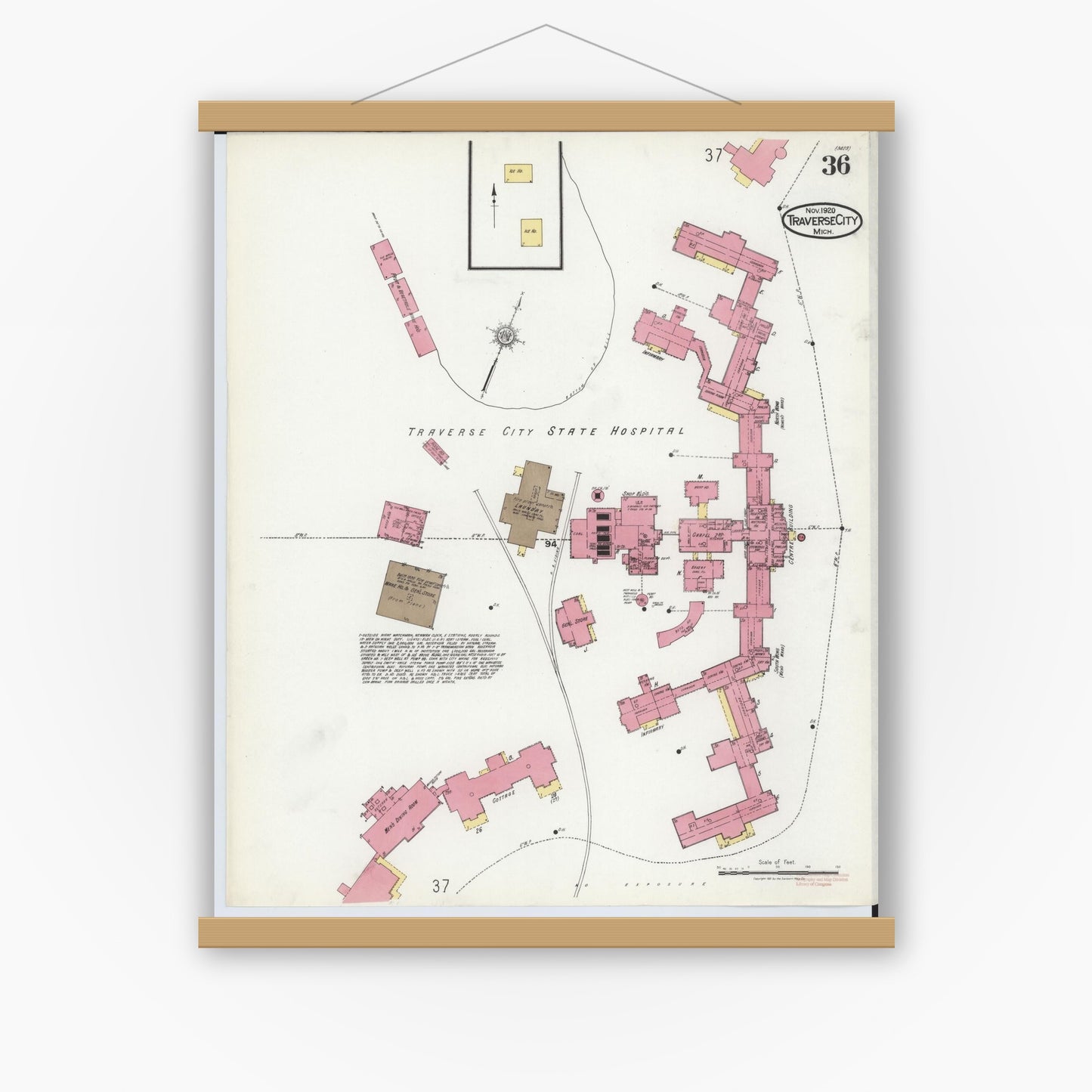Old map wall art mockup — magnetic wood frame on white wall — Sanborn Fire Insurance Map from Traverse City, Grand Traverse County, Michigan (1920), Sheet #0036