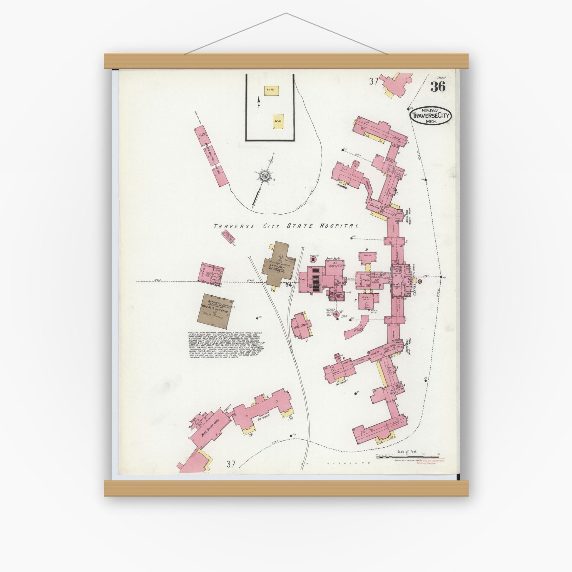 Old map wall art mockup — magnetic wood frame on white wall — Sanborn Fire Insurance Map from Traverse City, Grand Traverse County, Michigan (1920), Sheet #0036