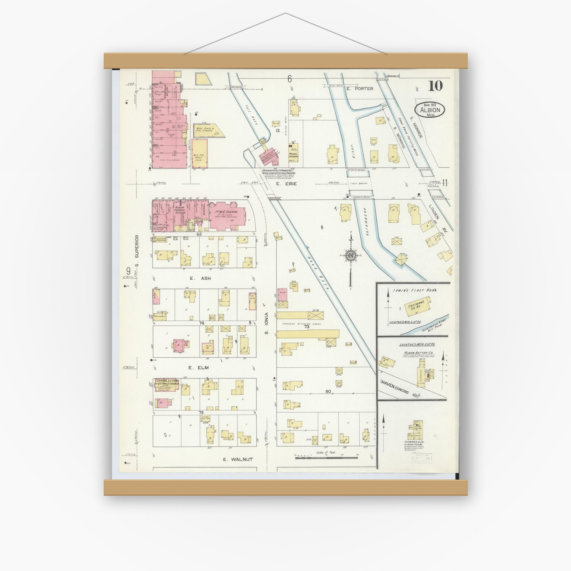 Old map wall art mockup — magnetic wood frame on white wall — Sanborn Fire Insurance Map from Albion, Calhoun County, Michigan (1913), Sheet #0010