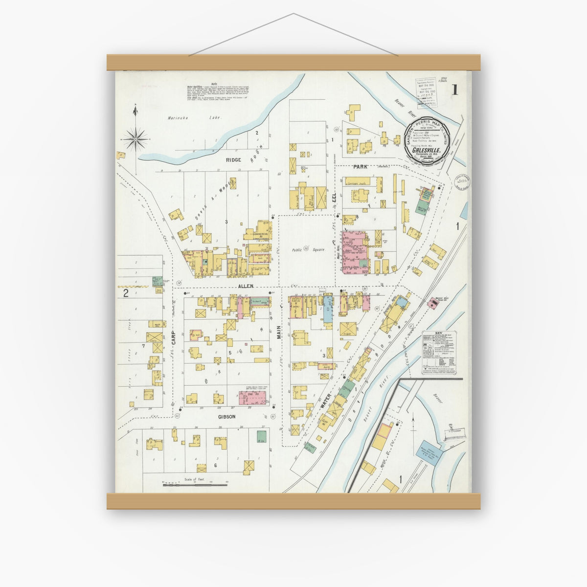 Old map wall art mockup — magnetic wood frame on white wall — Sanborn Fire Insurance Map from Galesville, Trempealeau County, Wisconsin (1900) - Complete Map Set