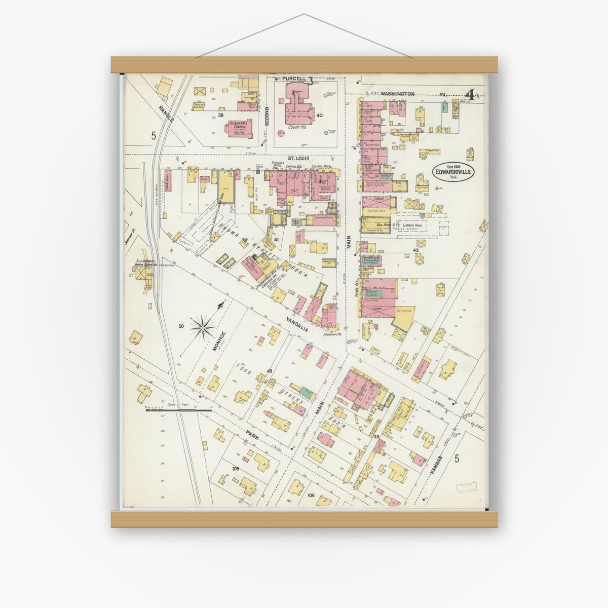 Old map wall art mockup — magnetic wood frame on white wall — Sanborn Fire Insurance Map from Edwardsville, Madison County, Illinois (1902), Sheet #0004
