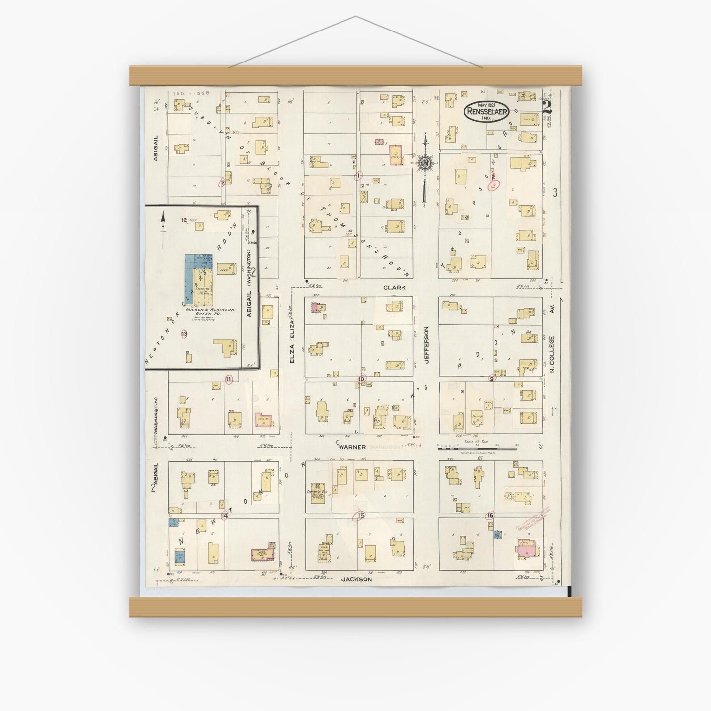 Old map wall art mockup — magnetic wood frame on white wall — Sanborn Fire Insurance Map from Rensselaer, Jasper County, Indiana (1942), Sheet #0002