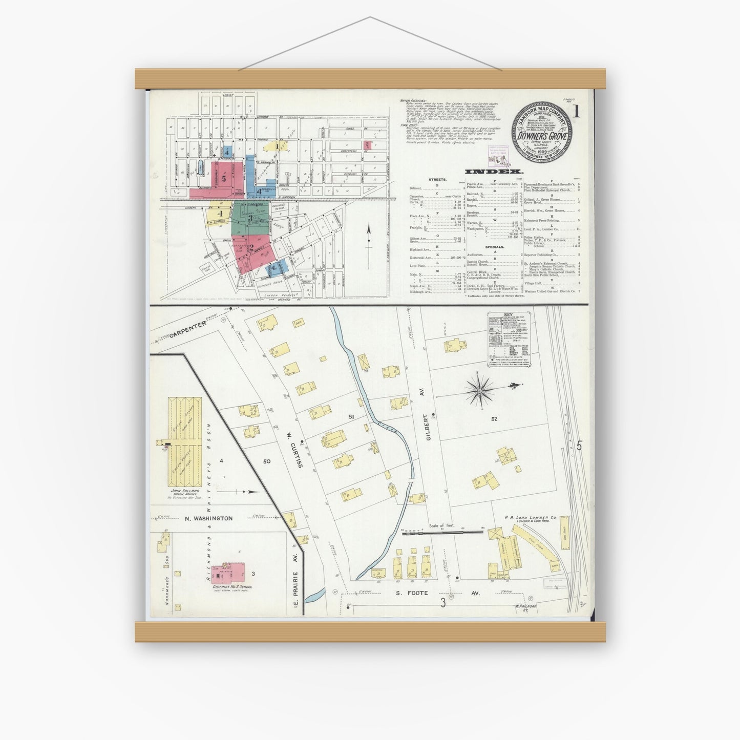Old map wall art mockup — magnetic wood frame on white wall — Sanborn Fire Insurance Map from Downers Grove, Dupage County, Illinois (1909), Sheet #0001