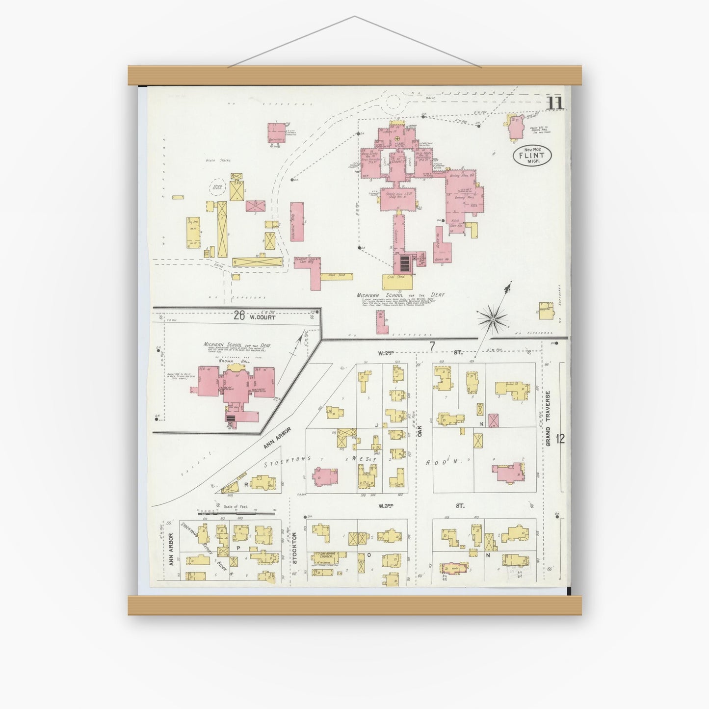 Old map wall art mockup — magnetic wood frame on white wall — Sanborn Fire Insurance Map from Flint, Genesee County, Michigan (1902), Sheet #0011