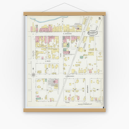 Old map wall art mockup — magnetic wood frame on white wall — Sanborn Fire Insurance Map from Wapakoneta, Auglaize County, Ohio (1892), Sheet #0003