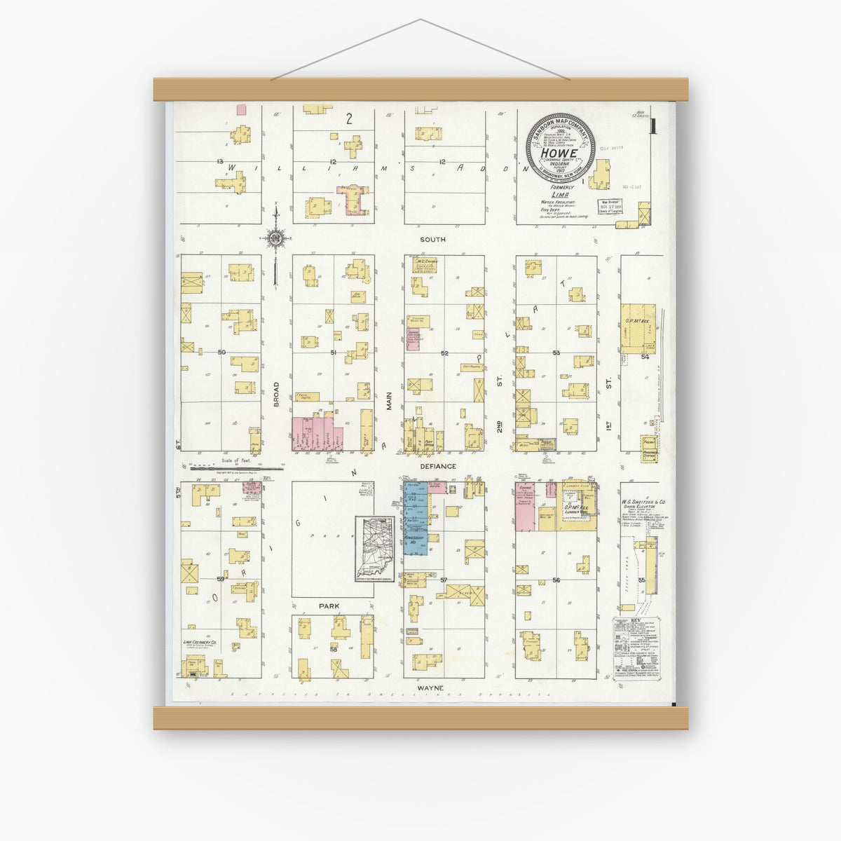 Old map wall art mockup — magnetic wood frame on white wall — Sanborn Fire Insurance Map from Howe, LaGrange County, Indiana (1917), Sheet #0001