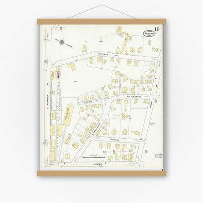 Old map wall art mockup — magnetic wood frame on white wall — Sanborn Fire Insurance Map from Woburn, Middlesex County, Massachusetts (1910), Sheet #0011