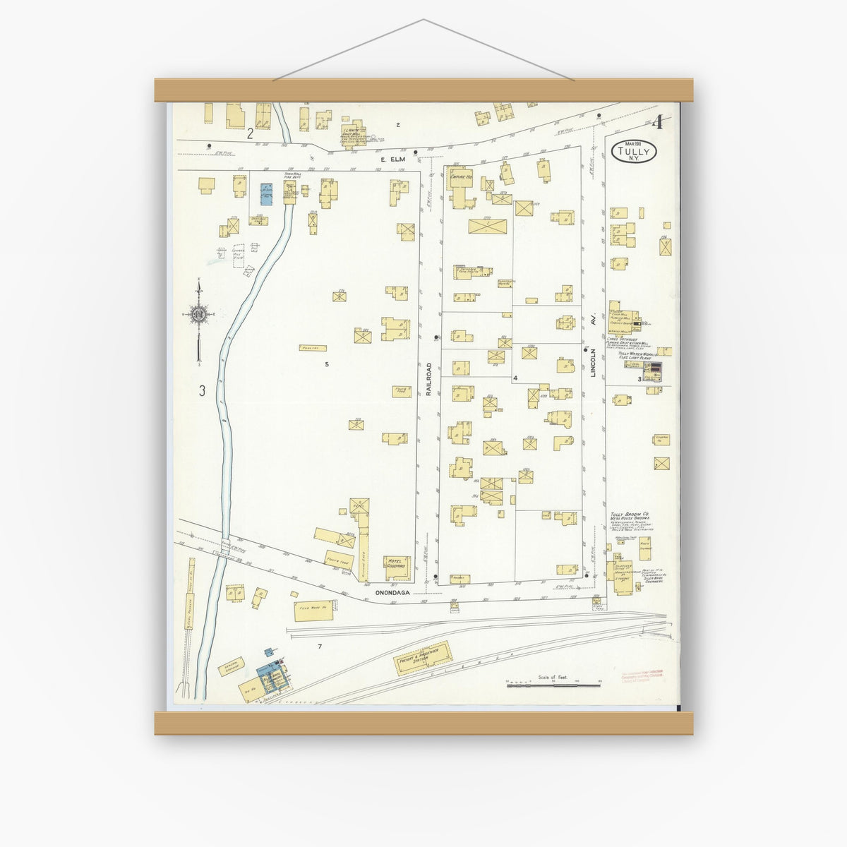 Old map wall art mockup — magnetic wood frame on white wall — Sanborn Fire Insurance Map from Tully, Onondaga County, New York (1911), Sheet #0004