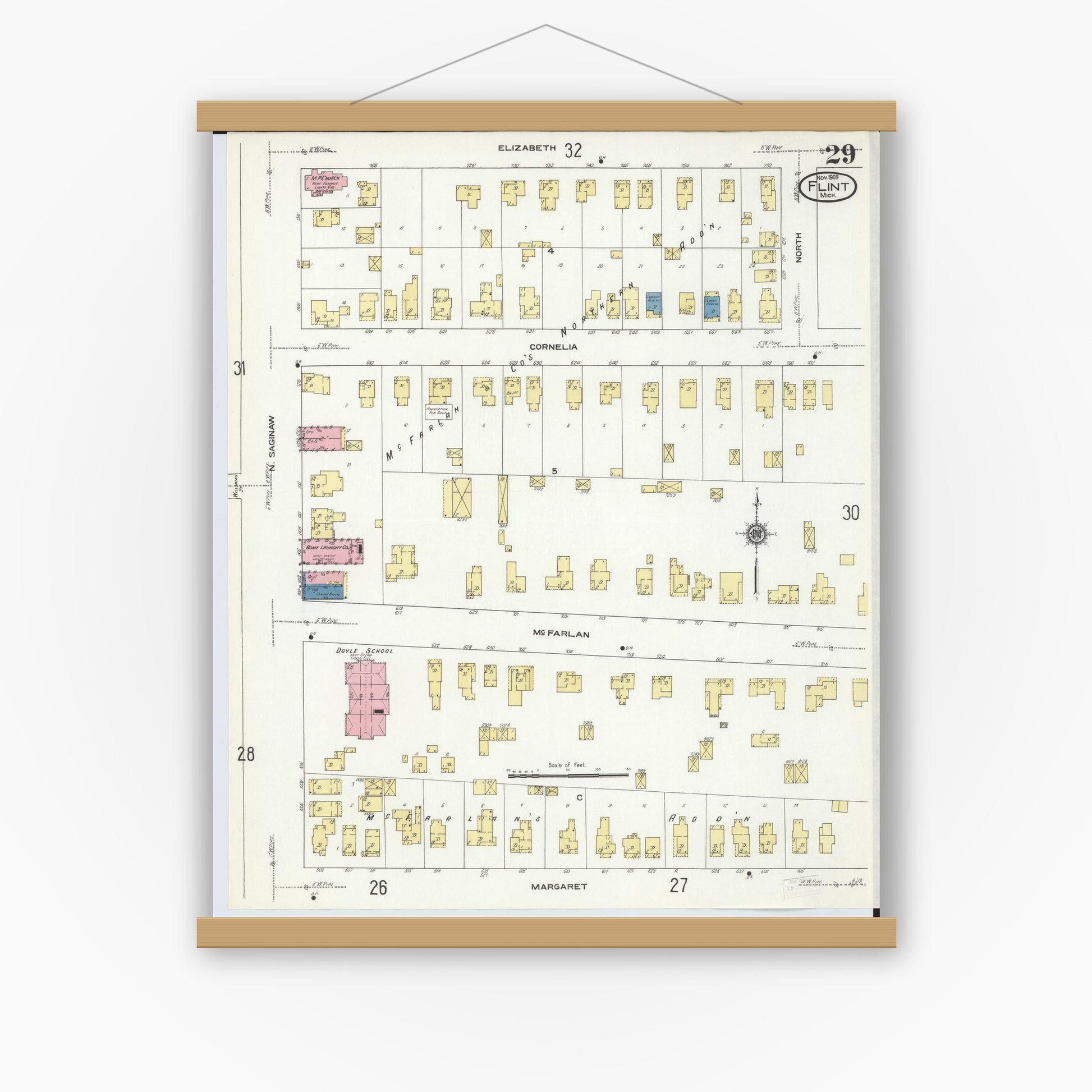 Old map wall art mockup — magnetic wood frame on white wall — Sanborn Fire Insurance Map from Flint, Genesee County, Michigan (1909), Sheet #0029