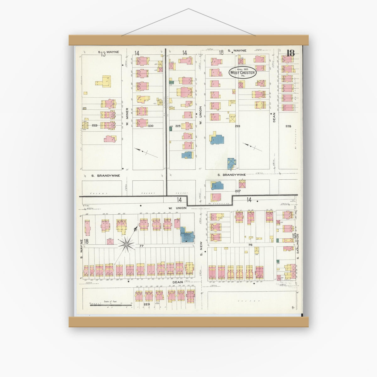 Old map wall art mockup — magnetic wood frame on white wall — Sanborn Fire Insurance Map from West Chester, Chester County, Pennsylvania (1909), Sheet #0018