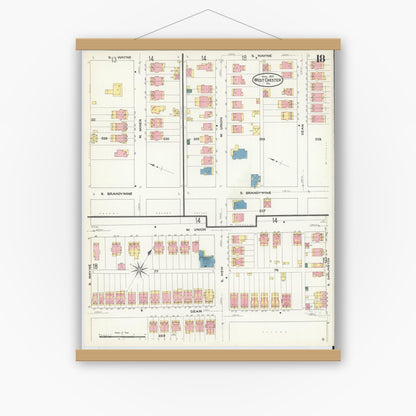 Old map wall art mockup — magnetic wood frame on white wall — Sanborn Fire Insurance Map from West Chester, Chester County, Pennsylvania (1909), Sheet #0018