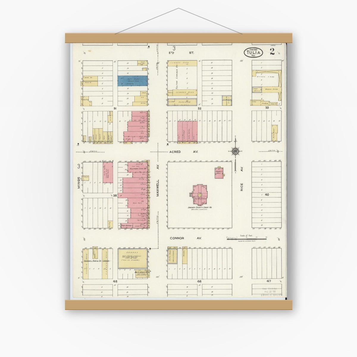 Old map wall art mockup — magnetic wood frame on white wall — Sanborn Fire Insurance Map from Tulia, Swisher County, Texas (1921), Sheet #0002