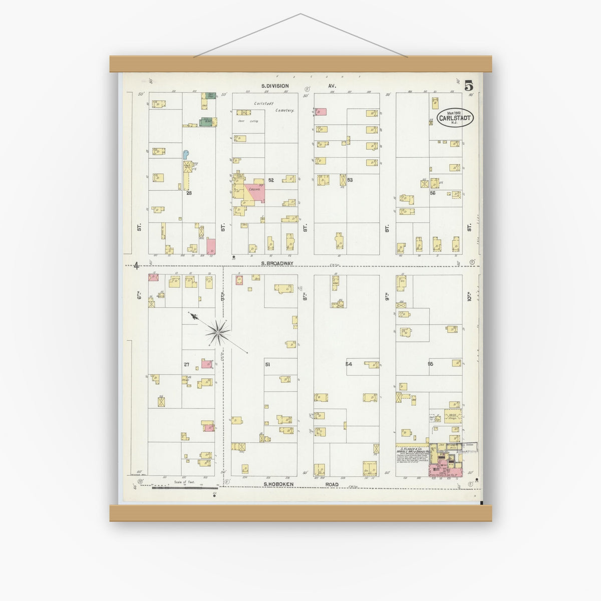 Old map wall art mockup — magnetic wood frame on white wall — Sanborn Fire Insurance Map from Carlstadt, Bergen County, New Jersey (1902), Sheet #0005