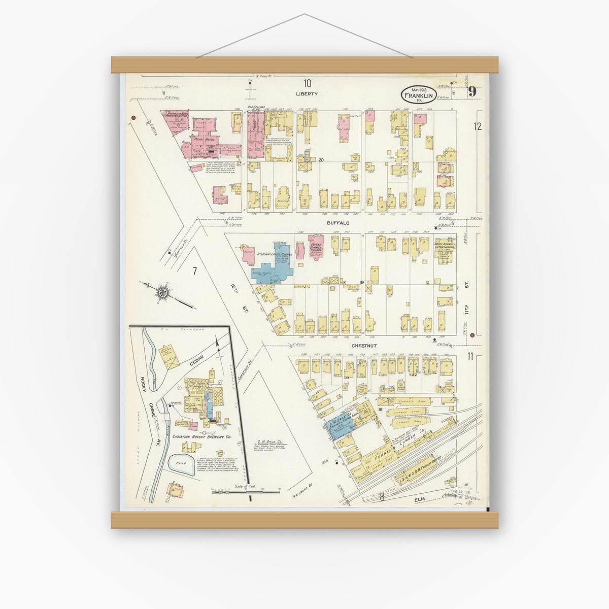Old map wall art mockup — magnetic wood frame on white wall — Sanborn Fire Insurance Map from Franklin, Venango County, Pennsylvania (1912), Sheet #0009