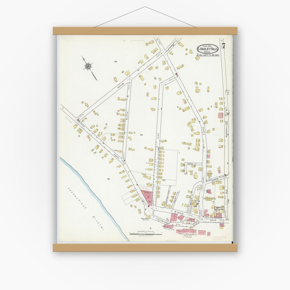 Old map wall art mockup — magnetic wood frame on white wall — Sanborn Fire Insurance Map from South Hadley Falls, Hampshire County, Massachusetts (1918), Sheet #0007