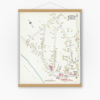Old map wall art mockup — magnetic wood frame on white wall — Sanborn Fire Insurance Map from South Hadley Falls, Hampshire County, Massachusetts (1918), Sheet #0007
