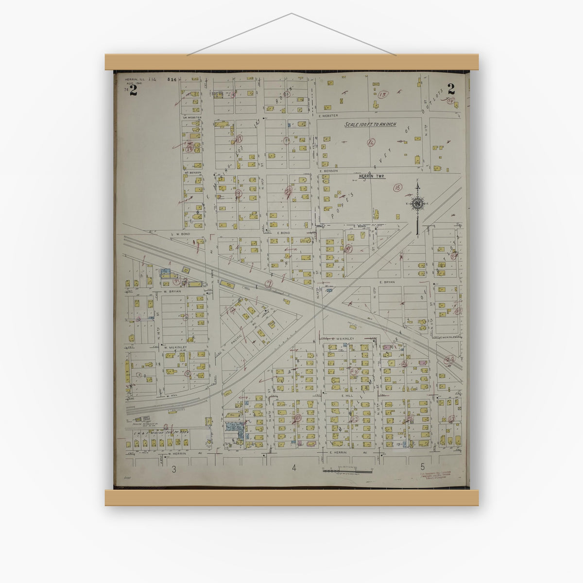 Old map wall art mockup — magnetic wood frame on white wall — Sanborn Fire Insurance Map from Herrin, Williamson County, Illinois (1947), Sheet #0002