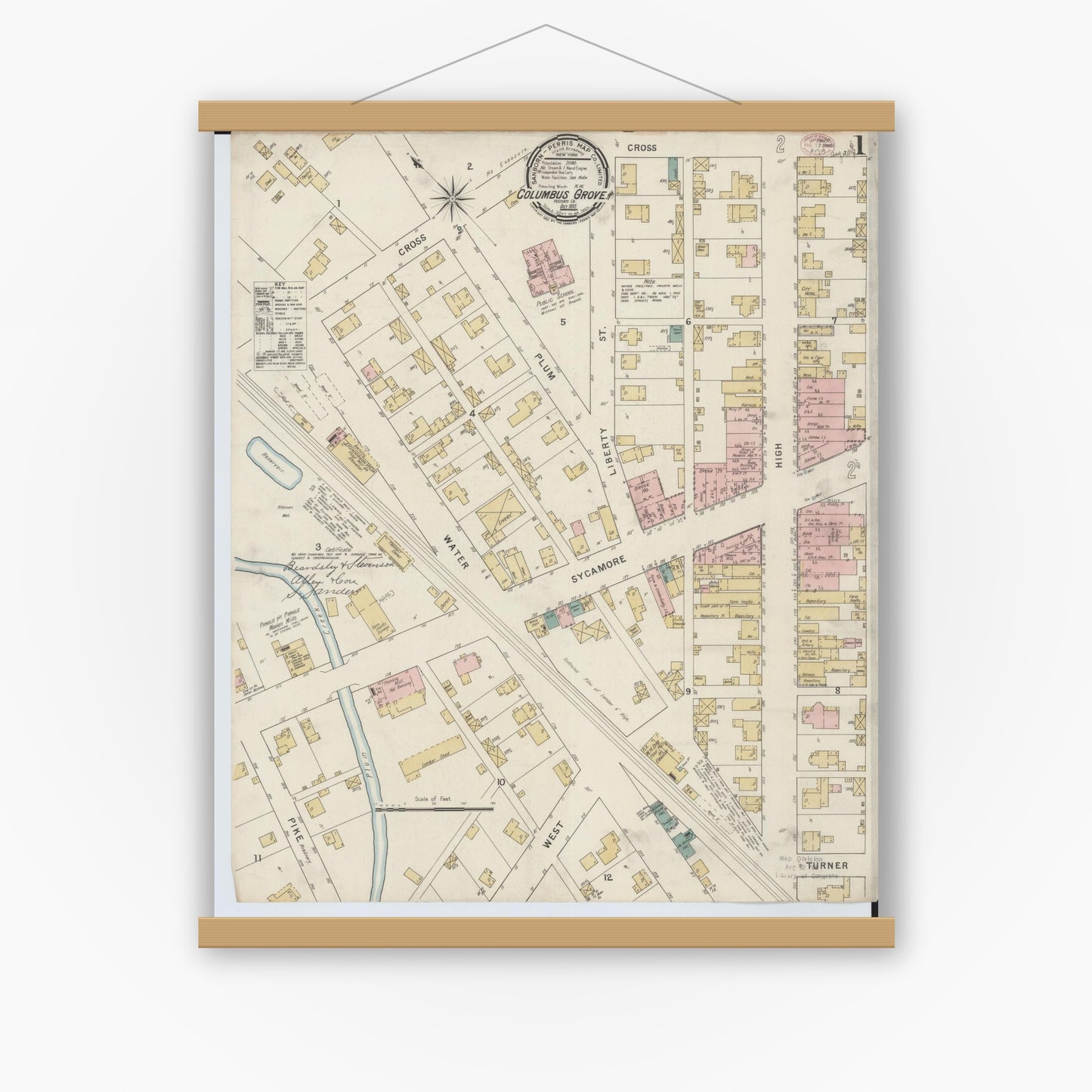 Old map wall art mockup — magnetic wood frame on white wall — Sanborn Fire Insurance Map from Columbus Grove, Putnam County, Ohio (1895) - Complete Map Set