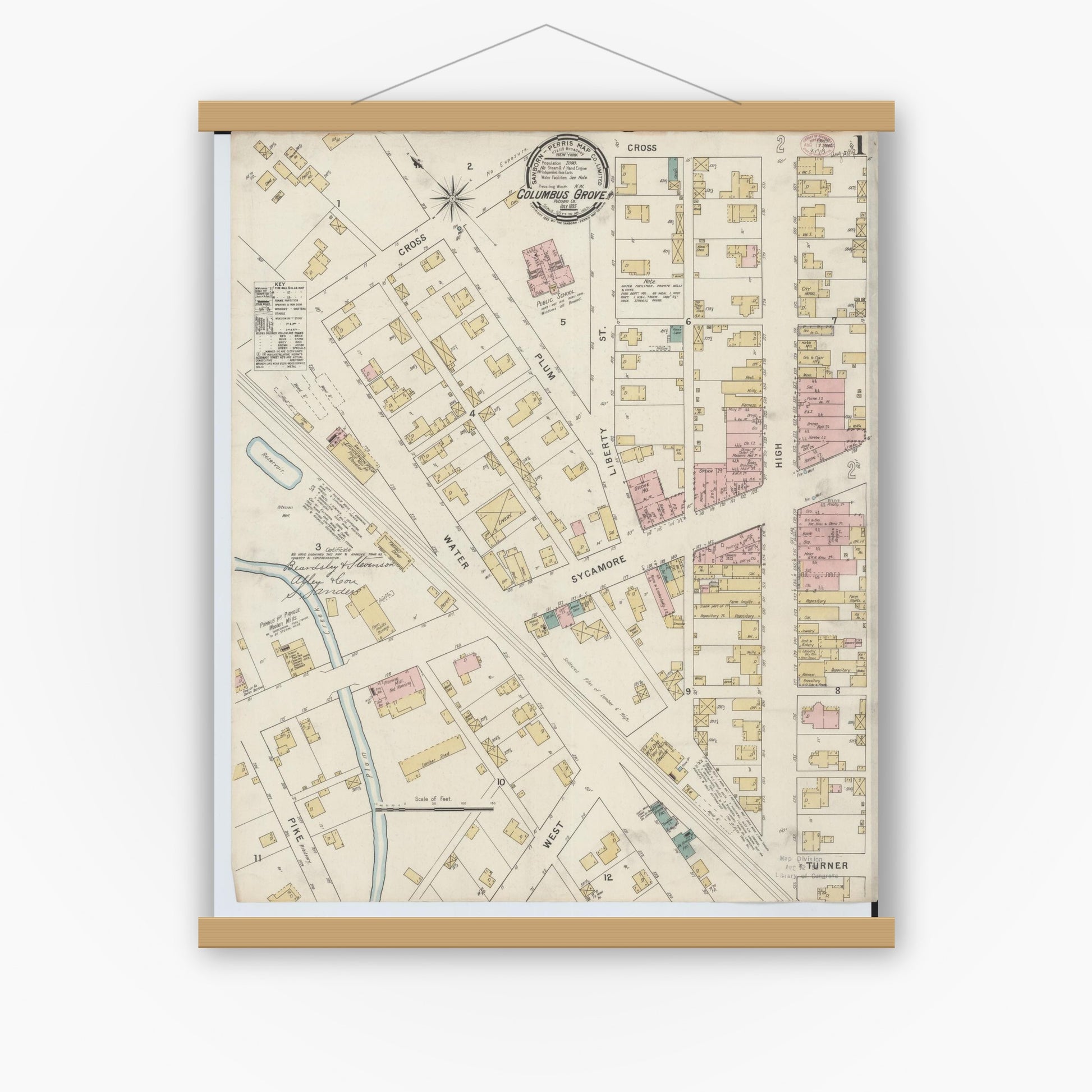 Old map wall art mockup — magnetic wood frame on white wall — Sanborn Fire Insurance Map from Columbus Grove, Putnam County, Ohio (1895) - Complete Map Set