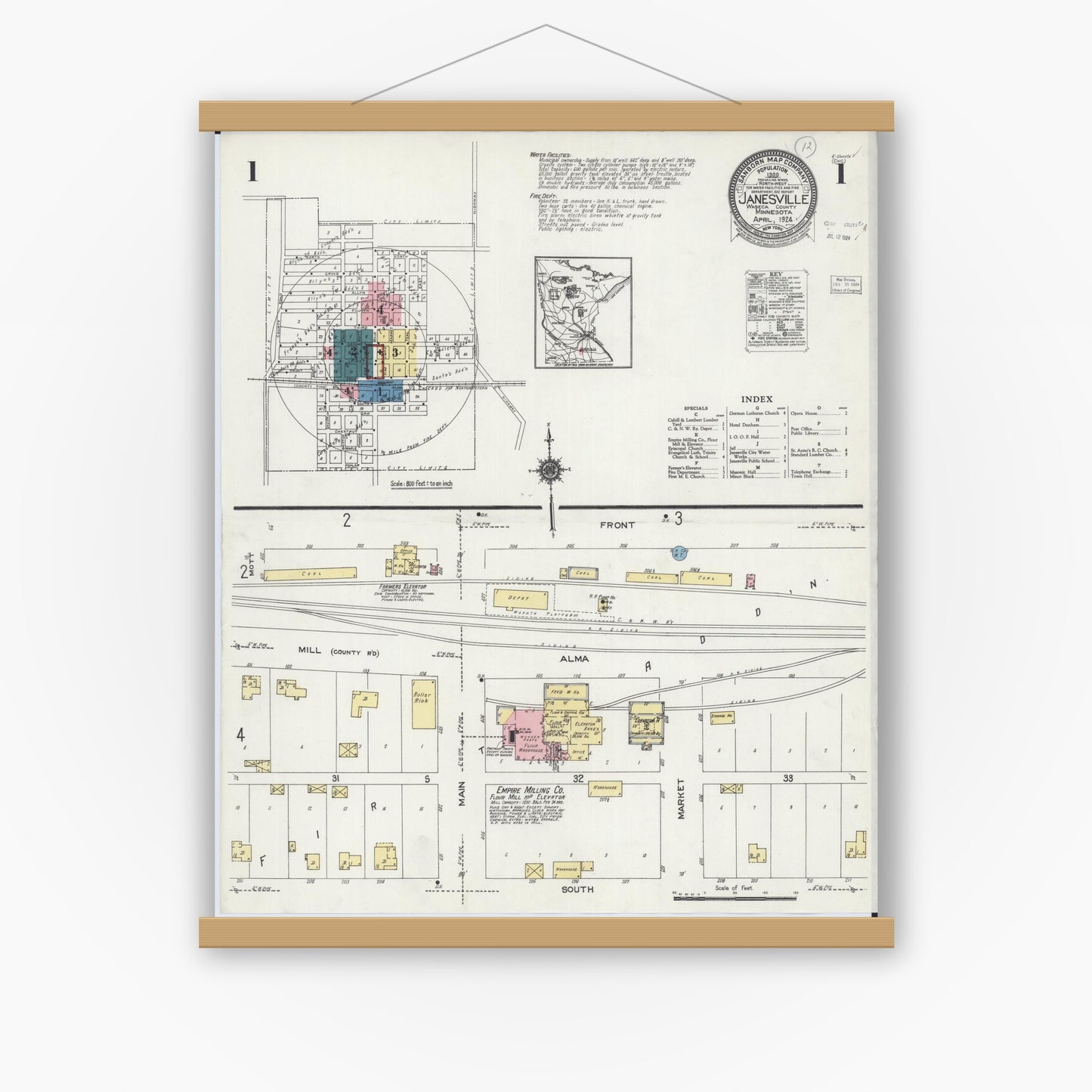 Old map wall art mockup — magnetic wood frame on white wall — Sanborn Fire Insurance Map from Janesville, Waseca County, Minnesota (1924), Sheet #0001