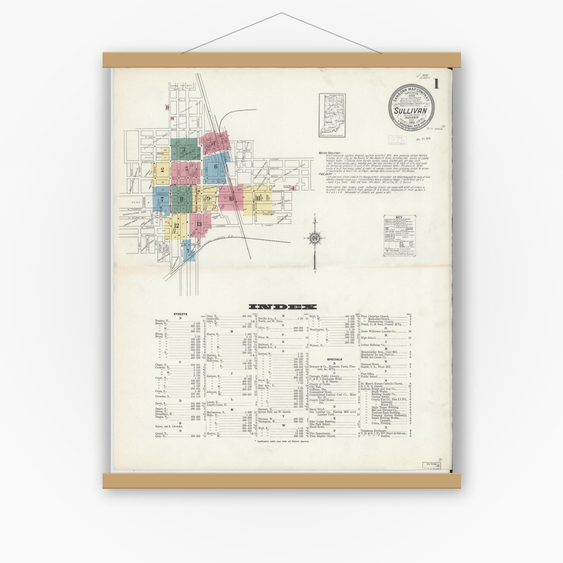 Old map wall art mockup — magnetic wood frame on white wall — Sanborn Fire Insurance Map from Sullivan, Sullivan County, Indiana (1913) - Complete Map Set