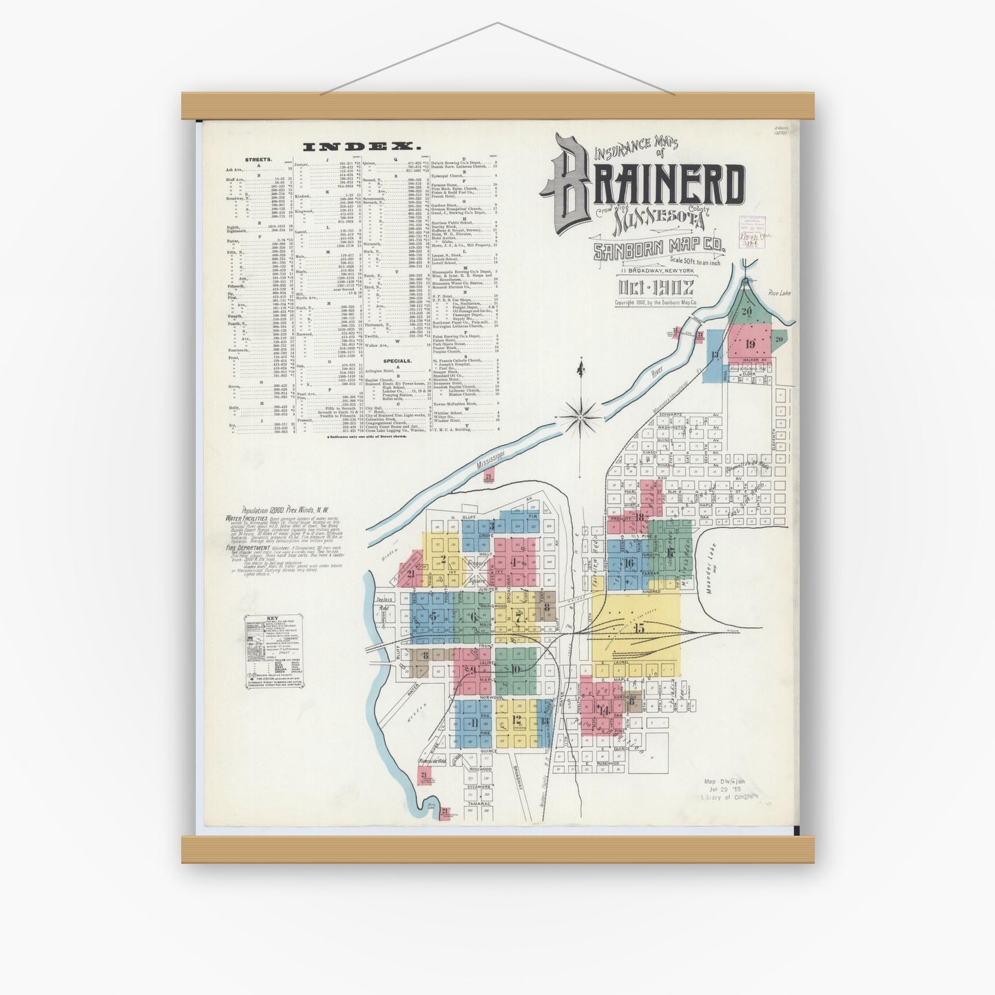Old map wall art mockup — magnetic wood frame on white wall — Sanborn Fire Insurance Map from Brainerd, Crow Wing County, Minnesota (1902), Sheet #0001