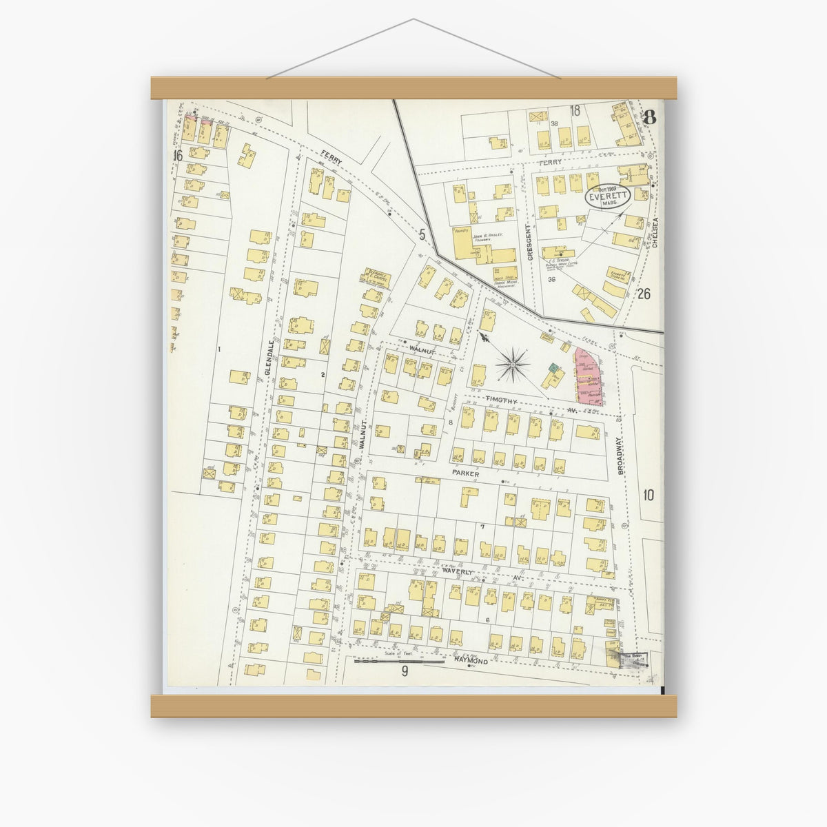 Old map wall art mockup — magnetic wood frame on white wall — Sanborn Fire Insurance Map from Everett, Middlesex County, Massachusetts (1903), Sheet #0008