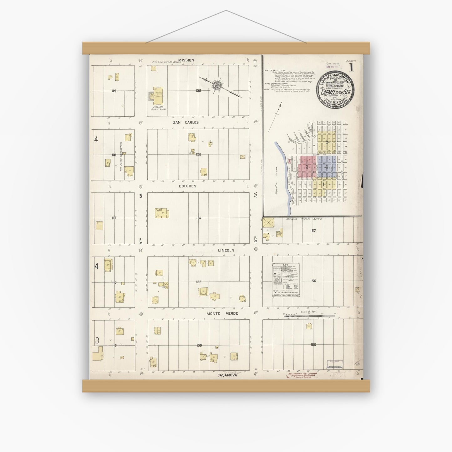 Old map wall art mockup — magnetic wood frame on white wall — Sanborn Fire Insurance Map from Carmel By The Sea, Monterey County, California (1910), Sheet #0001