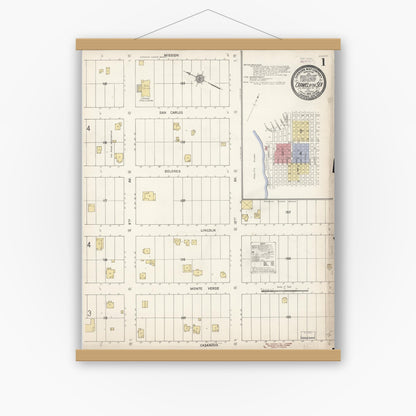 Old map wall art mockup — magnetic wood frame on white wall — Sanborn Fire Insurance Map from Carmel By The Sea, Monterey County, California (1910), Sheet #0001