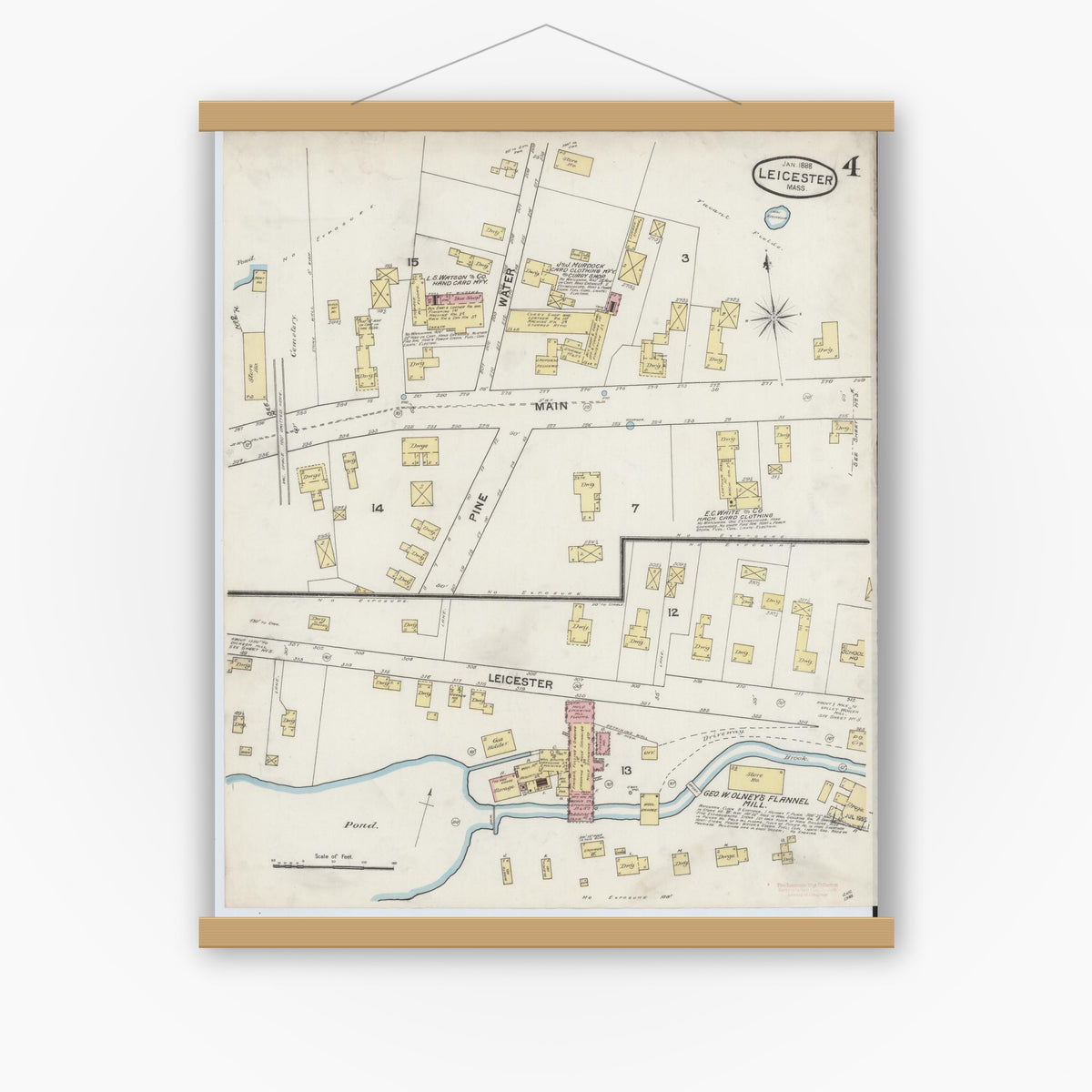 Old map wall art mockup — magnetic wood frame on white wall — Sanborn Fire Insurance Map from Leicester, Worcester County, Massachusetts (1888), Sheet #0004