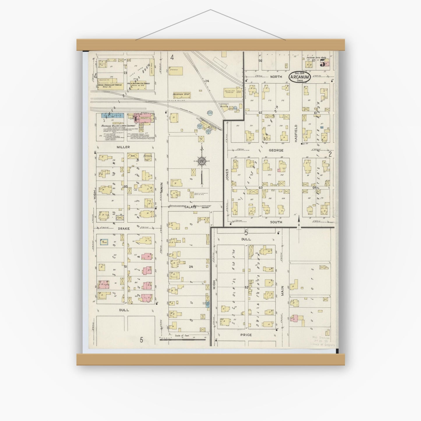 Old map wall art mockup — magnetic wood frame on white wall — Sanborn Fire Insurance Map from Arcanum, Darke County, Ohio (1914), Sheet #0005